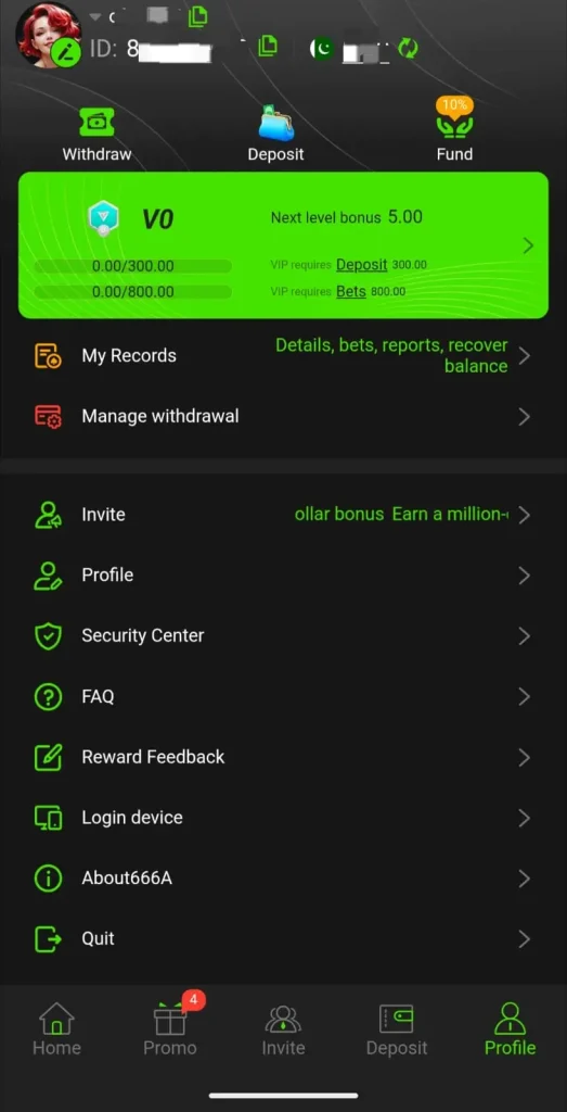666A Game My Account Menu screenshot