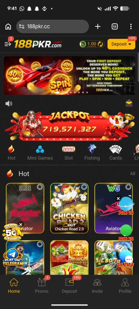188PKR Game home screen with mobile gaming options