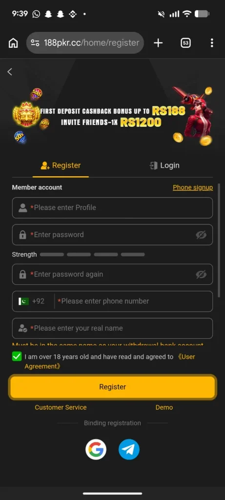 188PKR Game registration and account signup screen