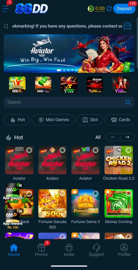 88DD Game categories including slots card and mini games