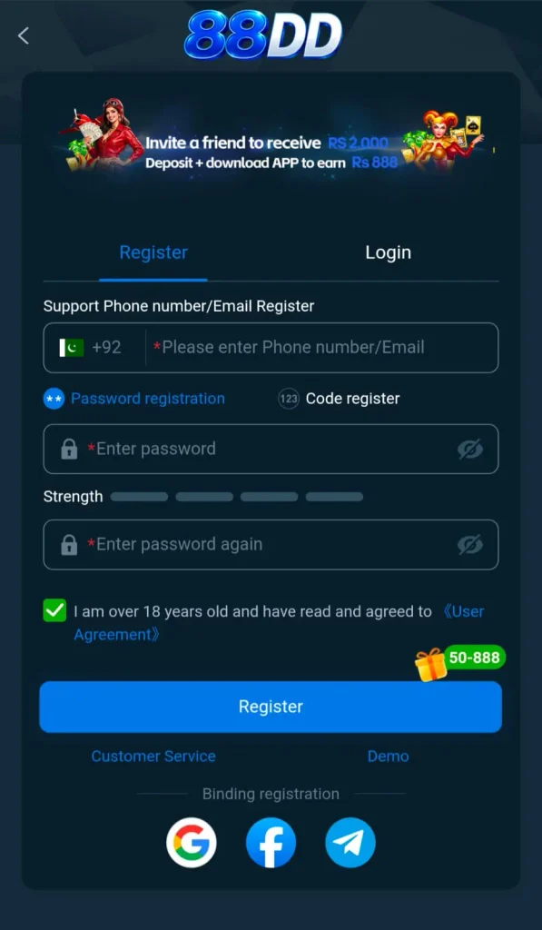 88DD Game registration and sign up screen on Android