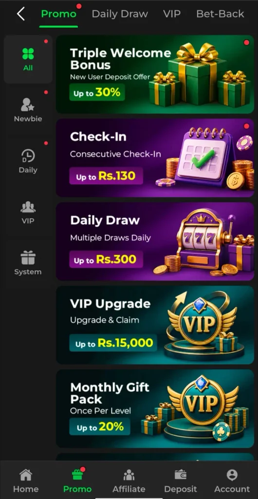 PK66 Game promotions featuring welcome bonus, cashback, VIP rewards and free spins in Pakistan