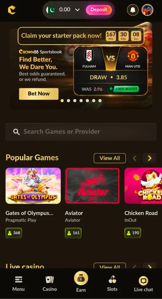 Crown88 Game home screen showing the main game categories on Android