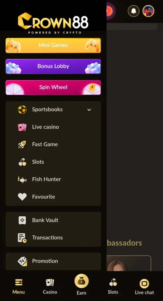 Crown88 Game categories menu with Mini Games, Sportsbook, Live Casino, Slots and Fish Hunter