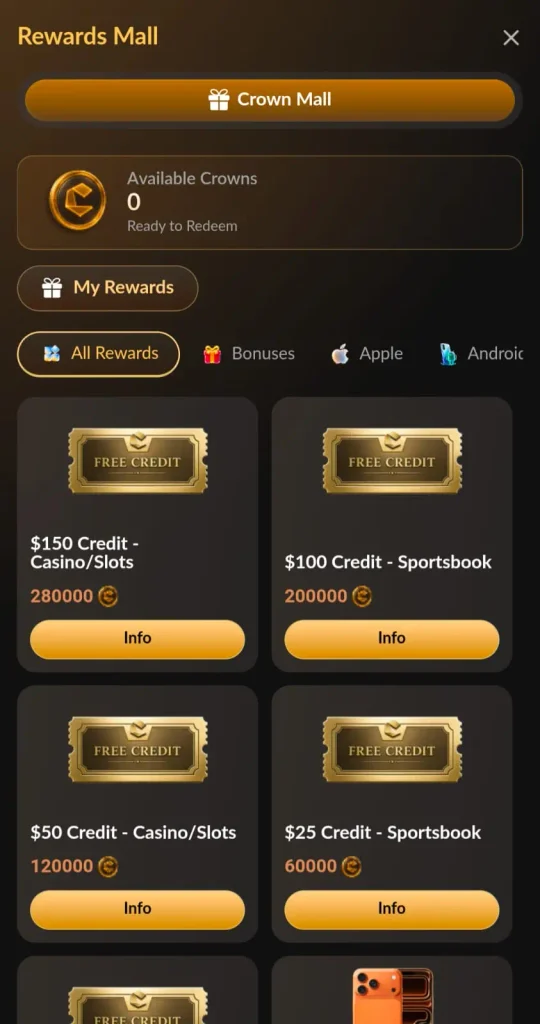 Crown88 Game rewards screen showing available promotions and offers