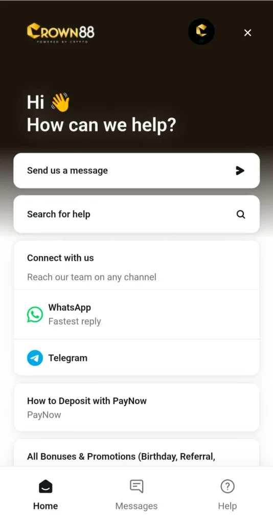 Crown88 Game customer service and support screen on Android